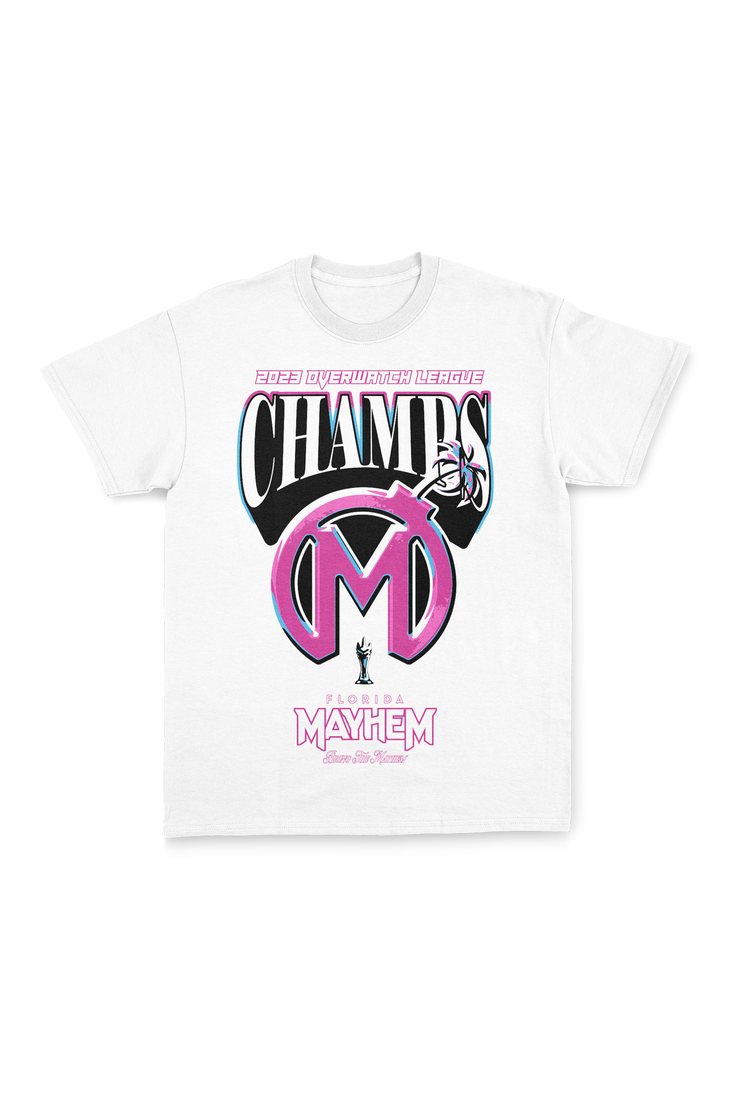  A white short-sleeved t-shirt displaying a vibrant graphic design that reads "2022 Overwatch League CHAMPS". It features a prominent pink Florida Mayhem logo with a bomb design, below which is written "Florida Mayhem" in pink font, accompanied by a mascot logo. The bottom text reads "Chase the Mayhem".