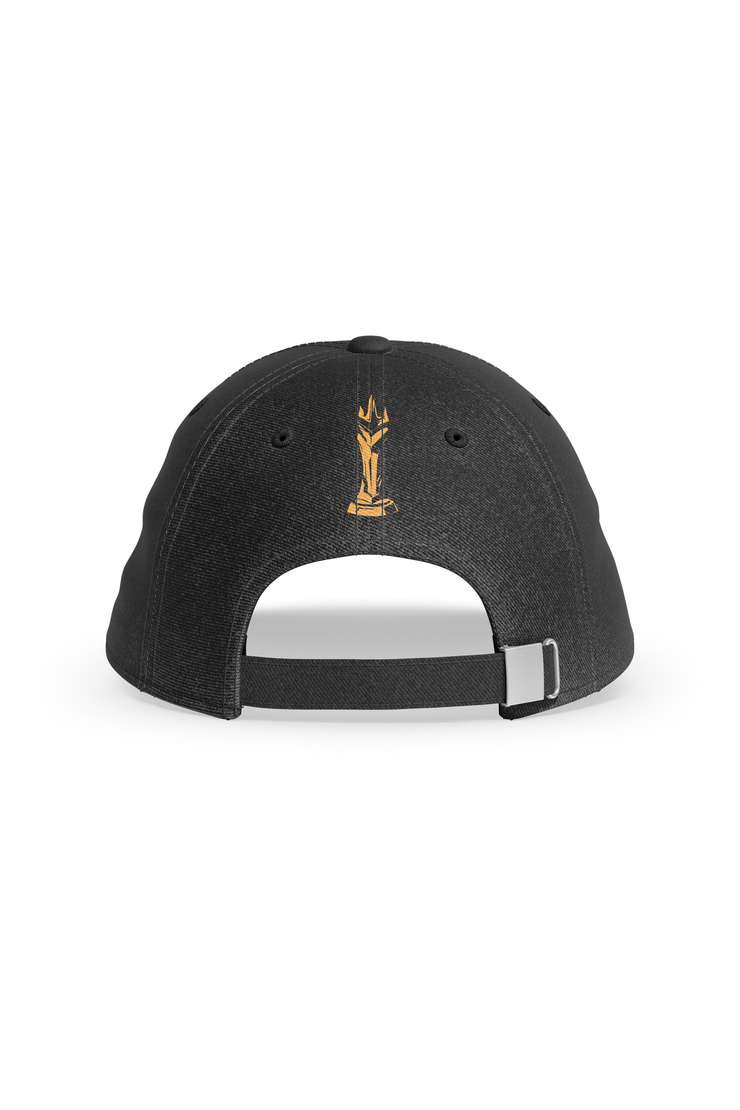 A black baseball cap viewed from the back, showcasing a golden trident logo embroidered near the top. The cap features a metal buckle adjustable strap closure and is constructed with stitched panels and ventilation holes.