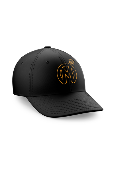 A black baseball cap with a golden Florida Mayhem logo on the front, accented by a stylized scorpion tail curling around the letters. The cap has a structured crown and a curved brim with visible stitching details.