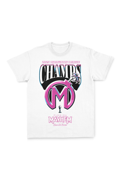  A white short-sleeved t-shirt displaying a vibrant graphic design that reads "2022 Overwatch League CHAMPS". It features a prominent pink Florida Mayhem logo with a bomb design, below which is written "Florida Mayhem" in pink font, accompanied by a mascot logo. The bottom text reads "Chase the Mayhem".