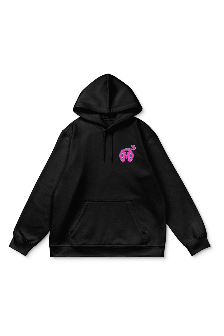 Black hoodie with a pink Florida Mayhem logo and a bomb motif on the left chest area.