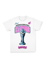 A white short-sleeved t-shirt featuring vibrant graphics. At the top, the word "Finals" in cyan is paired with "Overwatch League Finals" in pink. Below, the word "CHAMPIONS" is boldly displayed in pink, with a detailed blue and cyan trophy design beneath. The year 2023 flank the trophy, emphasizing the championship year. The phrase "Florida Mayhem" is written in bright pink at the bottom, with the team's small pink bomb logo placed near the collar.